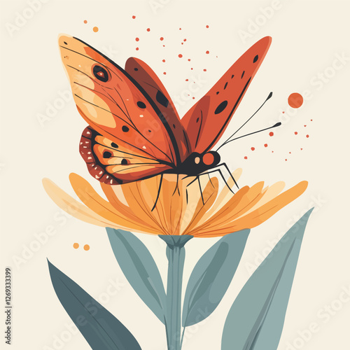 A delicate 2D vector of a butterfly resting on a blooming flower.