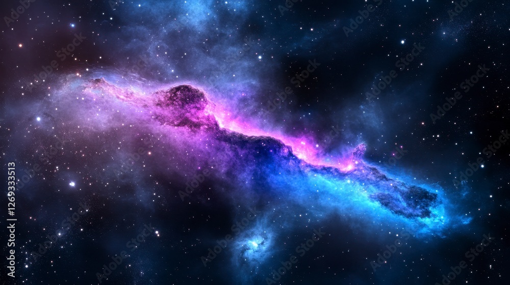 Fototapeta premium Vibrant Purple and Blue Nebula in Deep Space with Scattered Stars and Dark Cosmic Background