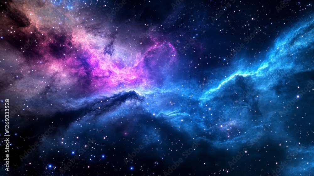 Fototapeta premium Vibrant Purple and Blue Nebulae in a Starry Galaxy