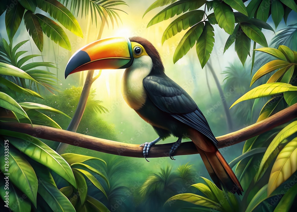 Obraz premium Vibrant Toucan Perched on Lush Amazon Rainforest Tree Branch - Aerial View