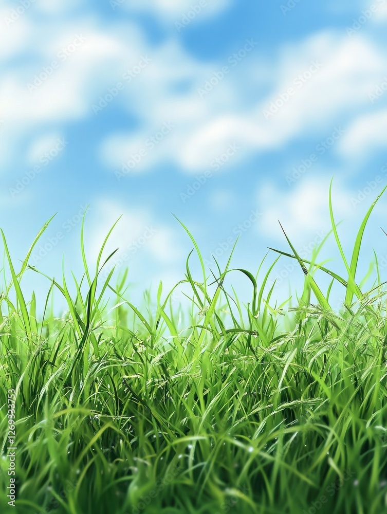 Fototapeta premium Green grass field with blue blurred sky on a background.