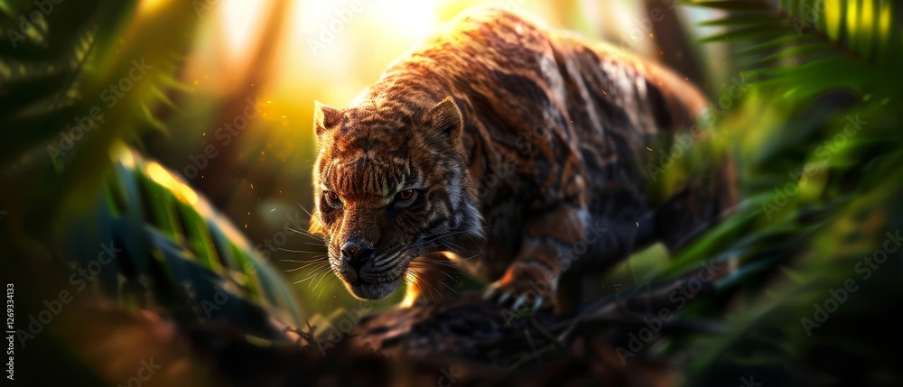 A majestic tiger prowls through a lush jungle, illuminated by golden sunlight, showcasing its powerful form and vibrant orange fur. A majestic tiger prowls through a lush jungle, illuminated by golden sunlight, showcasing its powerful form and vibrant orange fur.