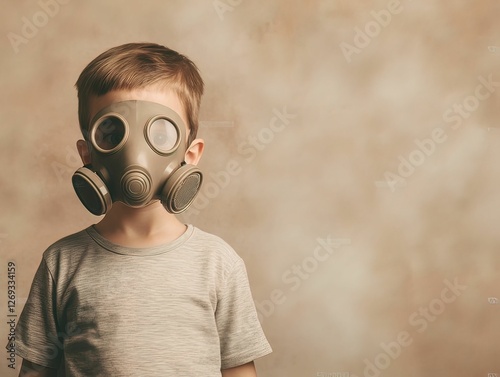 A young child wearing a gas mask stands against a muted background, evoking themes of protection, innocence, and environmental concerns. photo