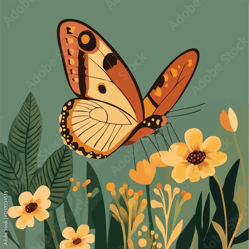 A delicate 2D vector of a butterfly resting on a blooming flower.