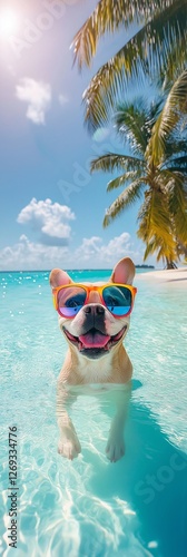 French bulldog in sunglasses swims on the shores of the azure sea against the background of the sky and palm trees