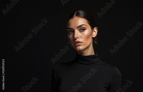Portrait of a young woman in a black outfit against a dark background