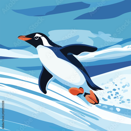 A playful 2D vector of a penguin sliding on icy terrain.