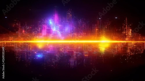 Neon Cityscape: A Digital Metropolis Reflecting in a Dark Waterway