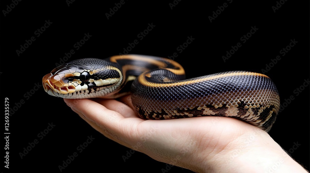 ball python conept. A person gently holds a large, colorful snake on their hand against a dark background. ball python conept. A person gently holds a large, colorful snake on their hand against a dark background.