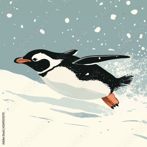 A playful 2D vector of a penguin sliding on icy terrain.