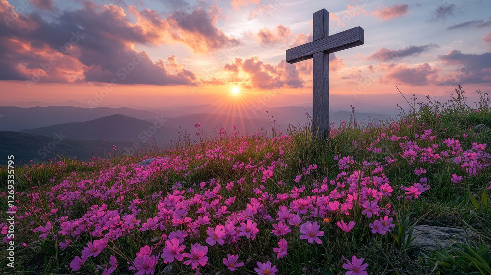Cross standing tall on a hill at sunrise, surrounded by blooming wildflowers Cross standing tall on a hill at sunrise, surrounded by blooming wildflowers