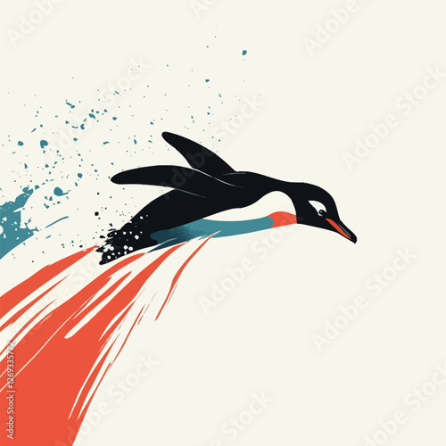 A playful 2D vector of a penguin sliding on icy terrain.