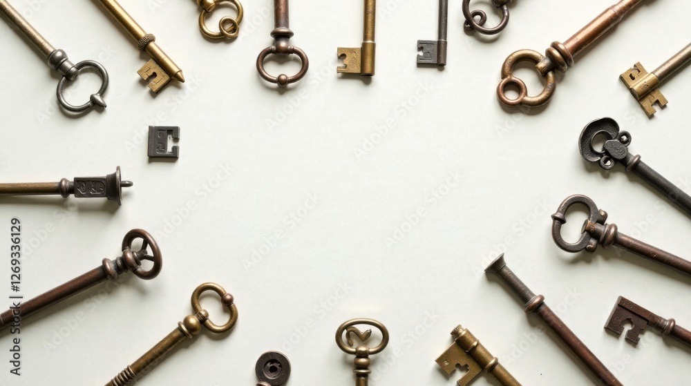 Antique Keys Arranged in a Circular Frame on a Light Background A Collection of Vintage Door Keys for Design Elements Antique Keys Arranged in a Circular Frame on a Light Background A Collection of Vintage Door Keys for Design Elements