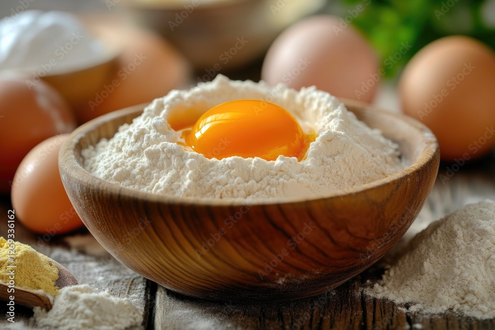 Flour, egg yolks, and baking supplies close-up Flour, egg yolks, and baking supplies close-up