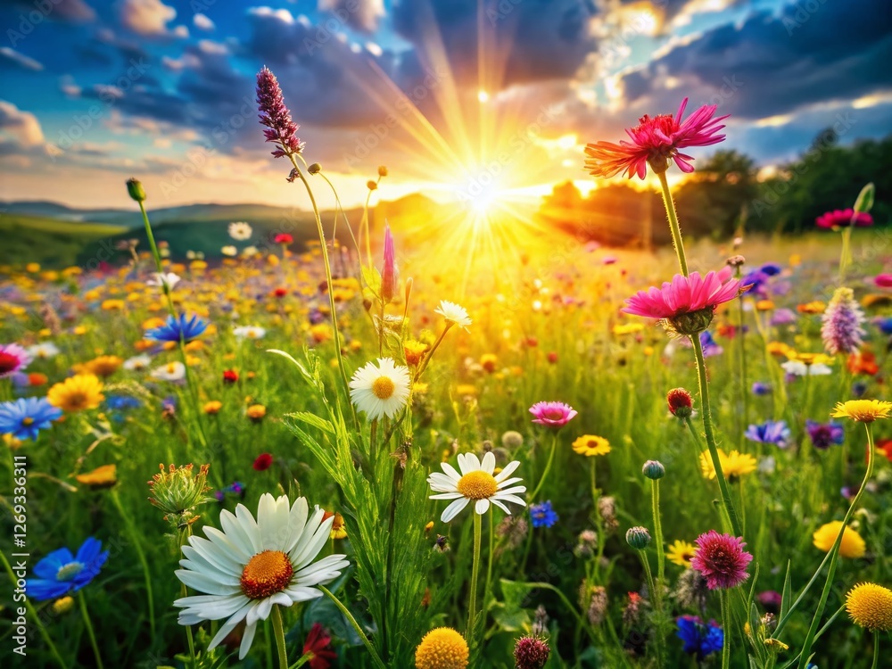 Fototapeta premium Vibrant Wildflowers in Lush Green Grass - High-Resolution 8K Stock Photo