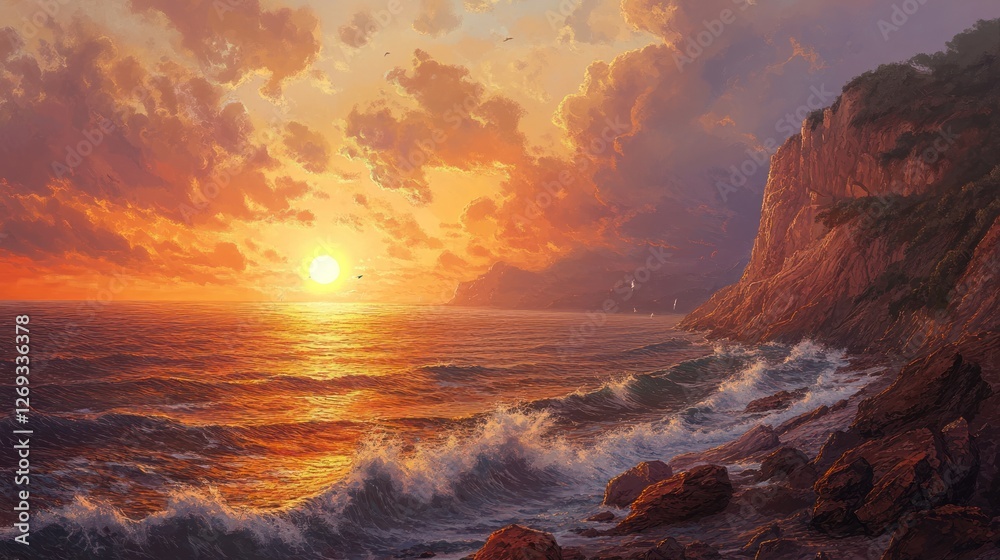 Obraz premium Coastal Serenity, Majestic Cliffs and Ocean Waves at Sunset Radiance