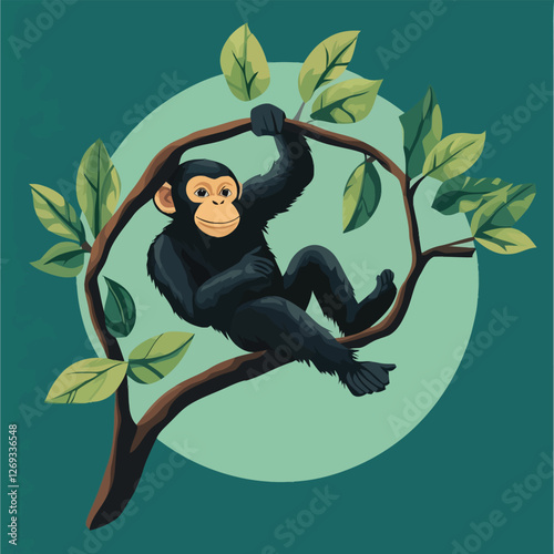 A 2D vector of a monkey swinging from a tree branch in the jungle.