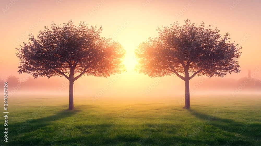 Two Trees Stand Silhouetted Against a Misty Sunrise Two Trees Stand Silhouetted Against a Misty Sunrise
