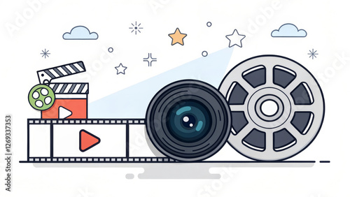A film reel, camera lens, and clapperboard are creatively arranged alongside a strip of film with a play button, surrounded by star and cloud icons, depicting a cinematic theme.AI