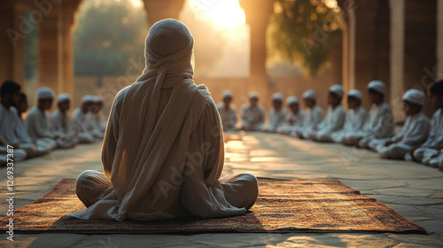 Islamic teacher guiding students through Quranic studies in a peaceful madrasa