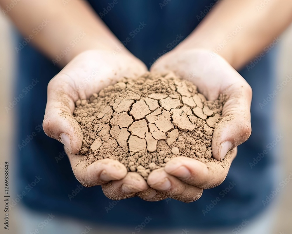 A person holds cracked, dry soil in their hands, symbolizing drought and the importance of soil health. A person holds cracked, dry soil in their hands, symbolizing drought and the importance of soil health.
