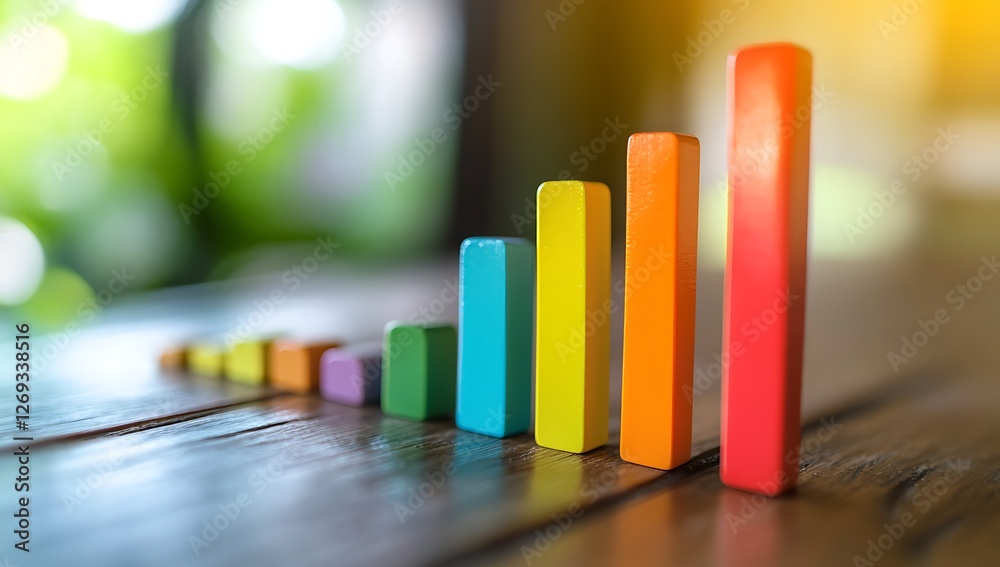 colorful 3d bar chart on wooden table representing business growth, financial success, and data analysis in a modern office environment with blurred background colorful 3d bar chart on wooden table representing business growth, financial success, and data analysis in a modern office environment with blurred background