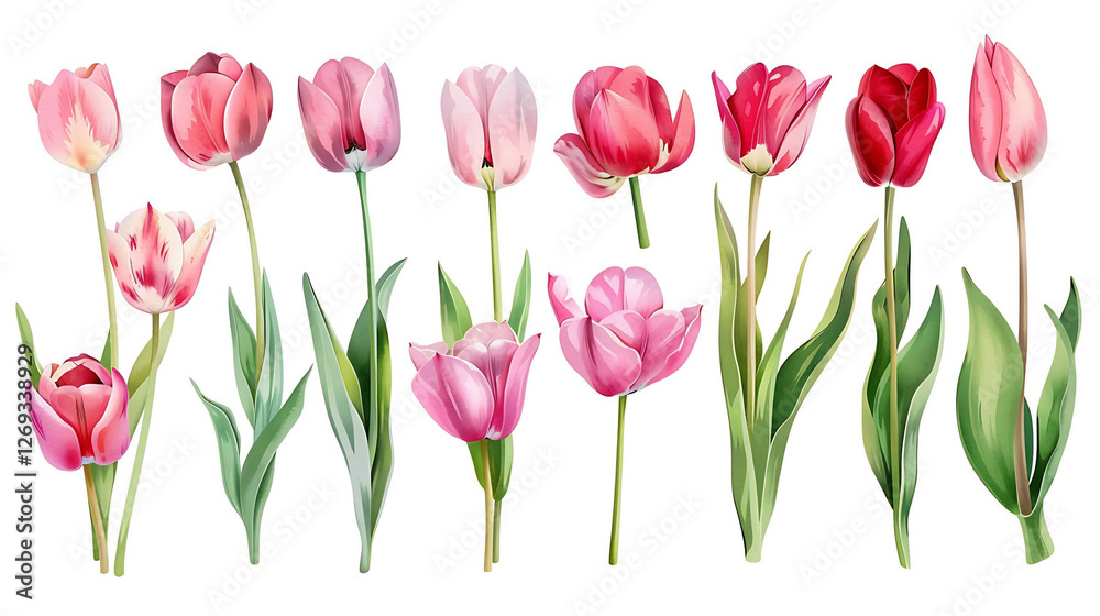 Obraz premium Pink tulip flowers paint collection. Set of spring and summer flowers painting isolated on white background