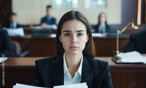 focused female lawyer in courtroom holding documents, with colleagues in background