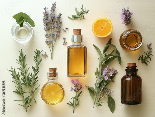 top view of jar with lavender essential oil and other types of oil, all natural oil in cosmetology and aromatherapy, aromatic oil and aromatherapy 