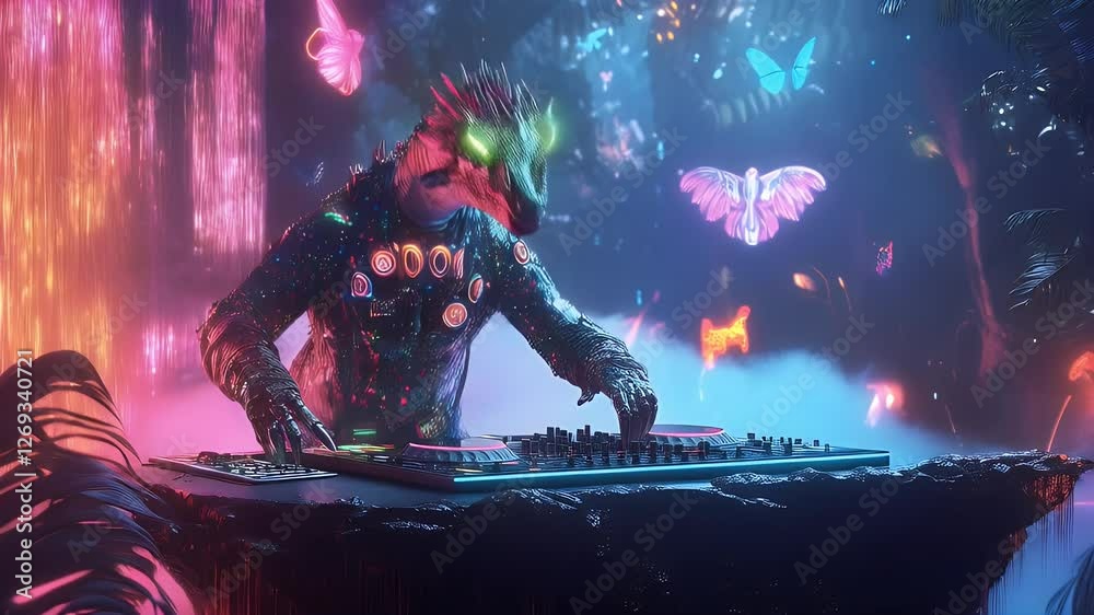 A futuristic DJ dinosaur performs in a glowing neon jungle with magical butterflies and surreal lights. A vibrant and fantasy-filled scene perfect for music, sci-fi, and entertainment themes.