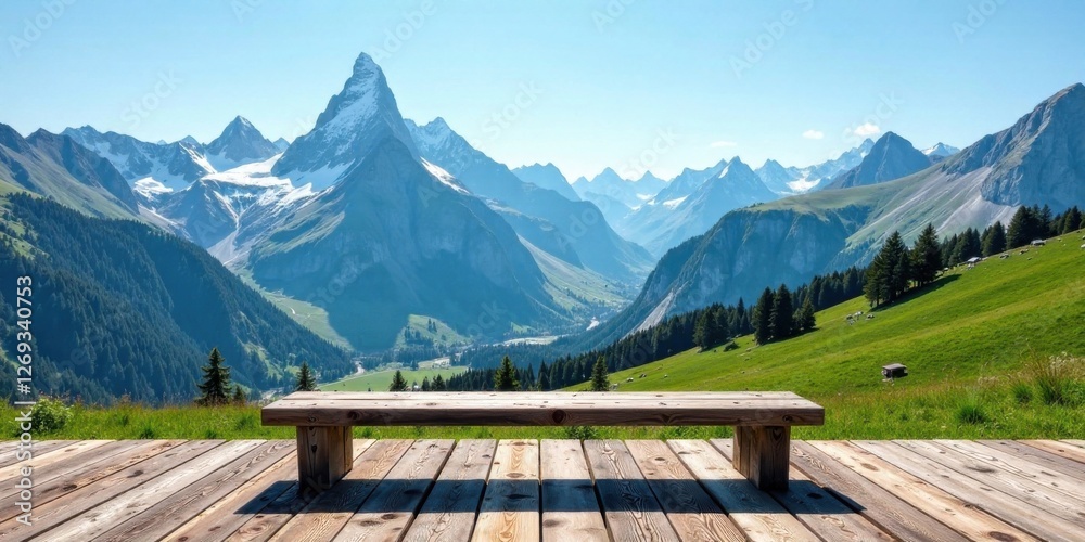 Serene Mountain Vista with Rustic Wooden Bench Providing a Peaceful Place for Contemplation and Scenic Observation Serene Mountain Vista with Rustic Wooden Bench Providing a Peaceful Place for Contemplation and Scenic Observation