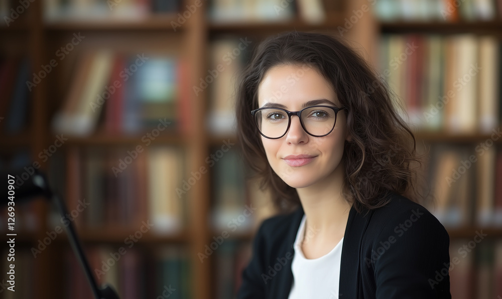 woman with glasses smiling in library, surrounded by bookshelves woman with glasses smiling in library, surrounded by bookshelves