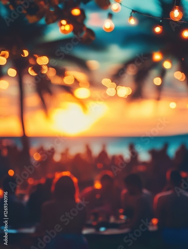 Blurred people having sunset beach party in summer vacation - Defocused image - Concept of nightlife with cocktails and music entertainment