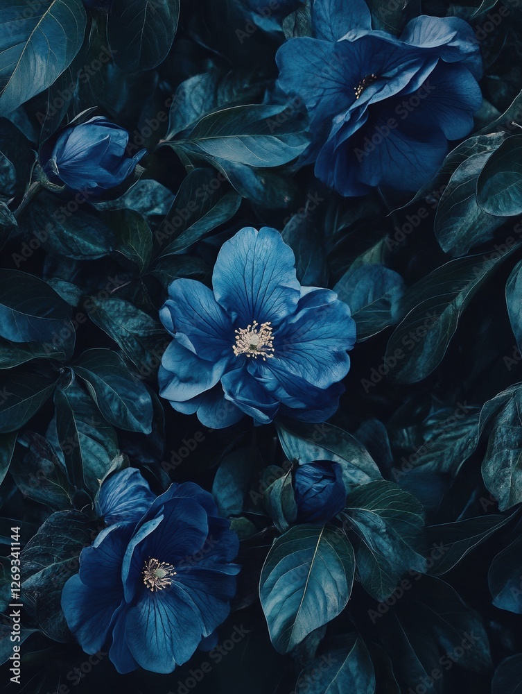 Fototapeta premium elegant dark blue flowers with lush green leaves in a moody botanical composition dark background