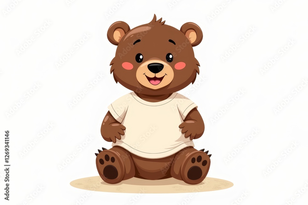 Obraz premium Cute bear cub in t-shirt sits happily on the floor, radiating charm and playfulness. Concept features bear cub in t-shirt, making it perfect for children's media or merchandise.