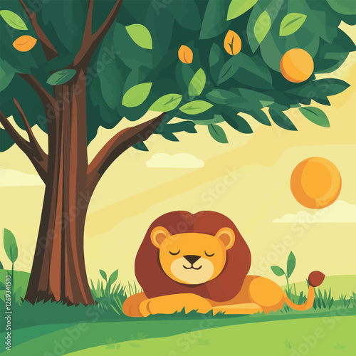 A majestic 2D vector of a lion resting under a tree in the savanna