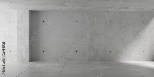 Fototapeta Naklejka Na Ścianę i Meble -  Abstract empty, modern concrete room with light shining in from the right and floor tiles - industrial interior background template
