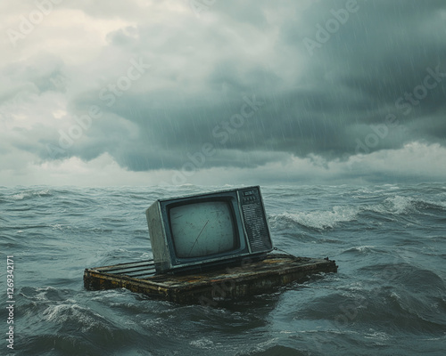 An old, vintage television set floating on a raft in the middle of a stormy ocean, symbolizing isolation, media in crisis, and technology struggling in a hostile environment.