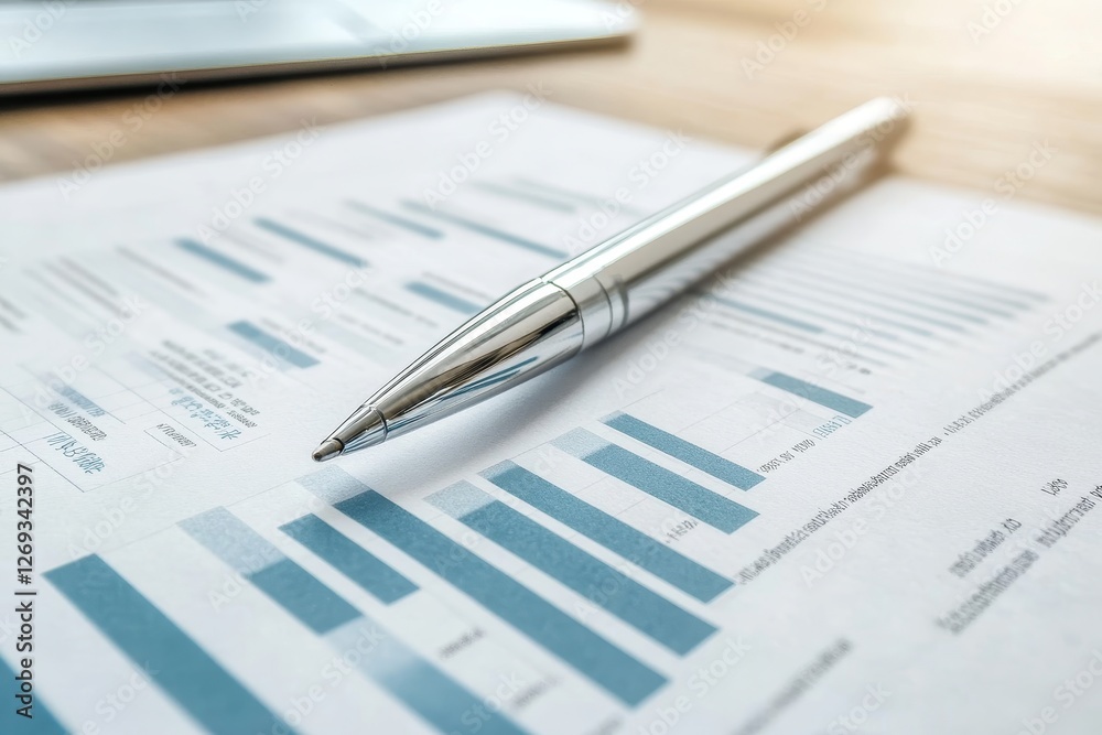 Business Report with Graphs and Pen on Wooden Desk Surface Business Report with Graphs and Pen on Wooden Desk Surface