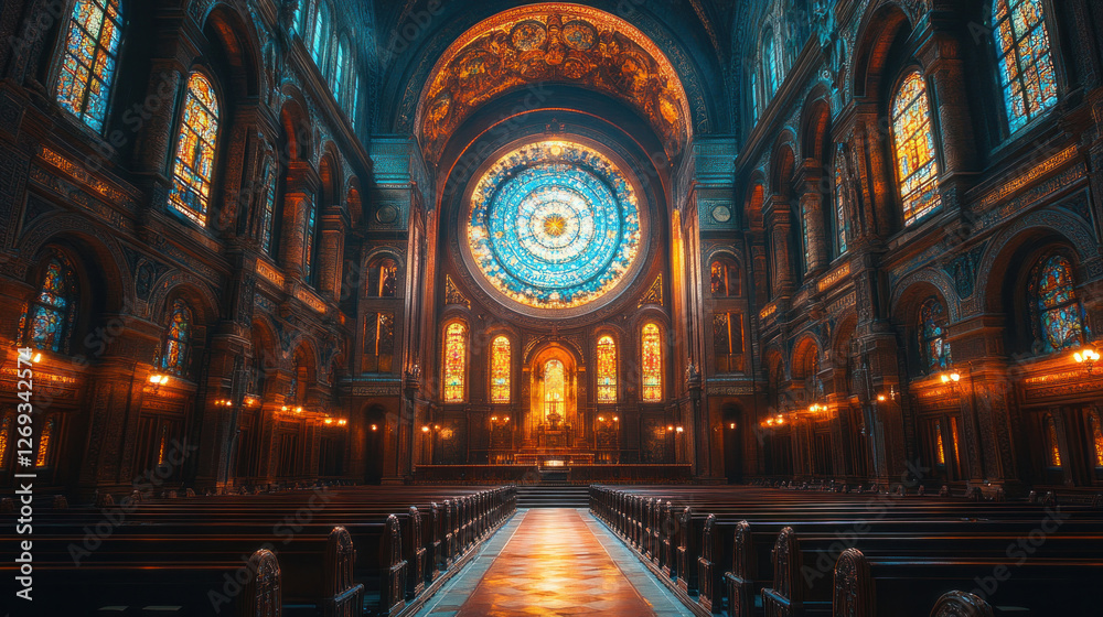 Obraz premium Synagogue interior adorned with intricate carvings and a glowing eternal light