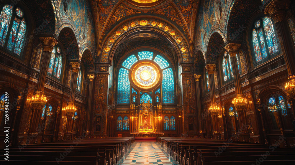 Fototapeta premium Synagogue interior adorned with intricate carvings and a glowing eternal light
