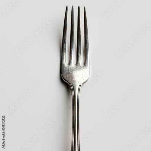 A shiny, silver fork with four tines resting on a plain background, showcasing its sleek design and utensils' simplicity.