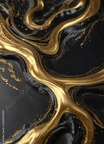 Swirling black and gold liquid with metallic highlights on a dark surface , liquid, glossy