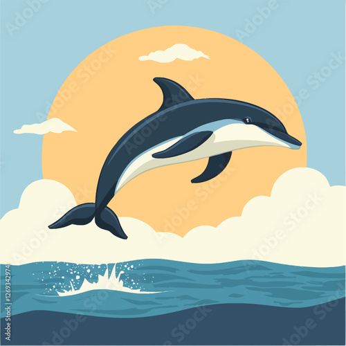 A lively 2D vector of a dolphin leaping out of the ocean waves.