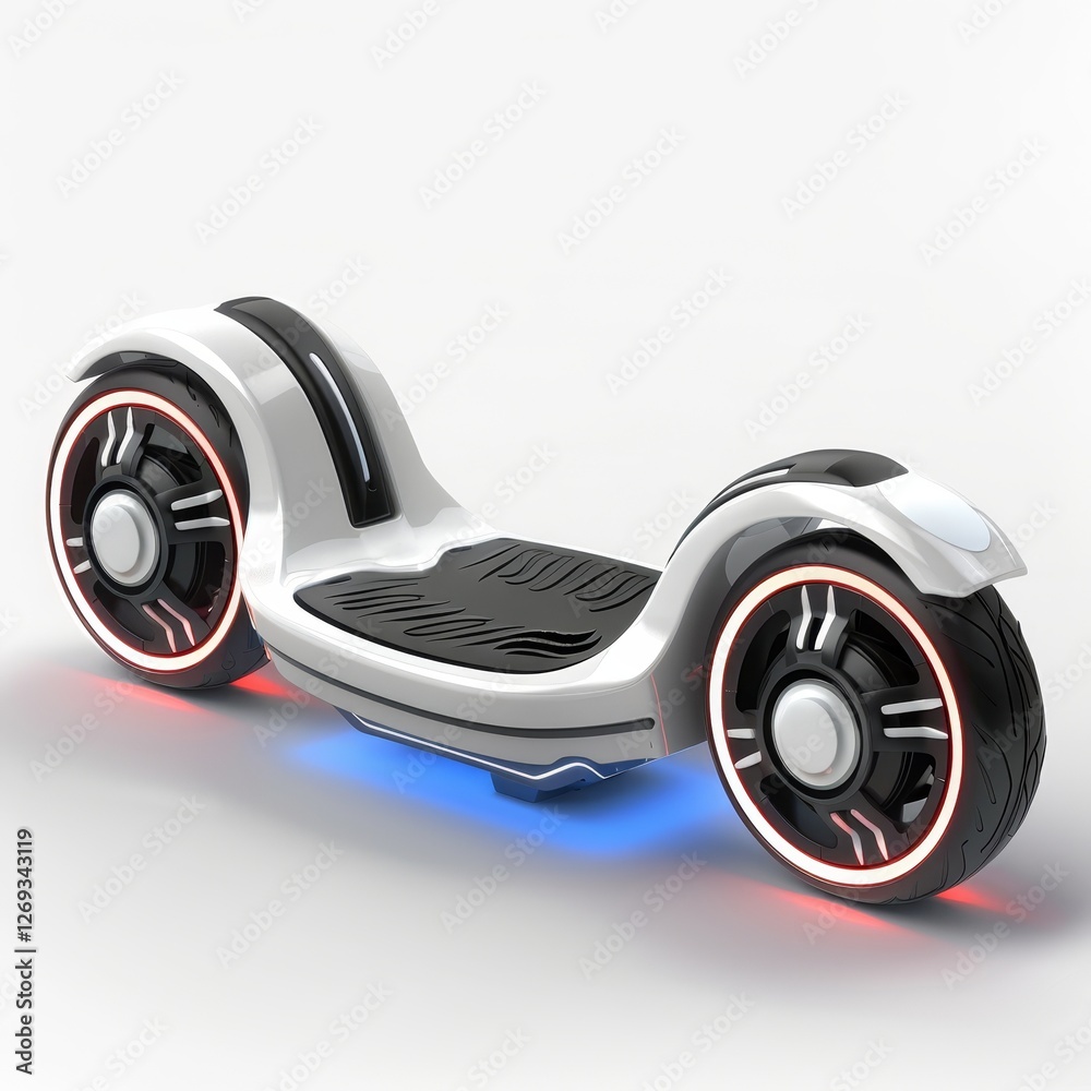 A sleek, modern hoverboard with illuminated wheels, designed for easy transportation and fun riding experiences. A sleek, modern hoverboard with illuminated wheels, designed for easy transportation and fun riding experiences.