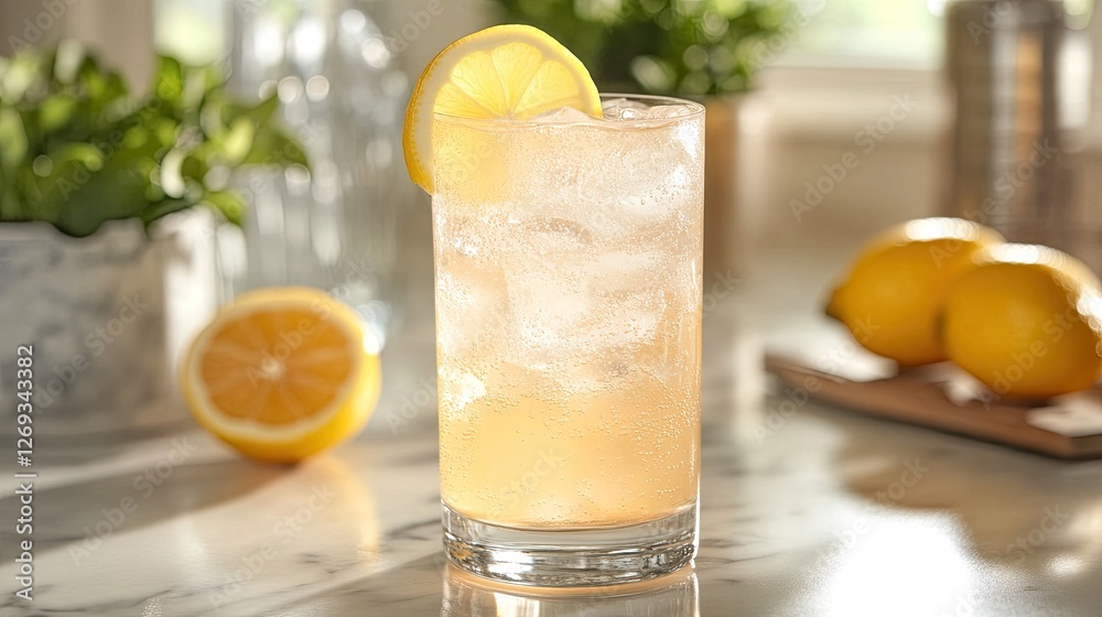A refreshing glass of sparkling water with a lemon slice. A refreshing glass of sparkling water with a lemon slice.
