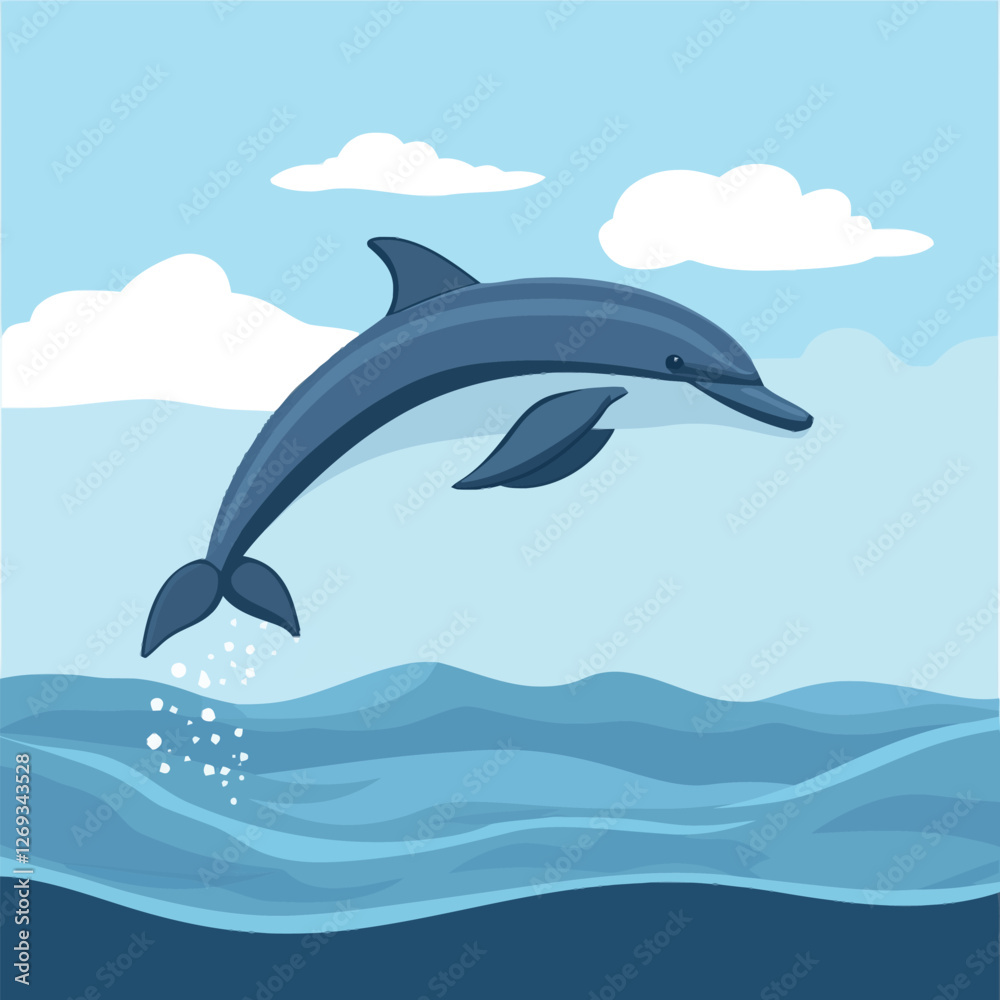Fototapeta premium A lively 2D vector of a dolphin leaping out of the ocean waves.