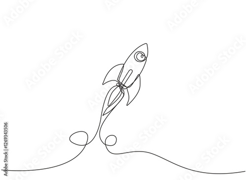 Rocket space ship launching line drawing continuous line art vector illustration