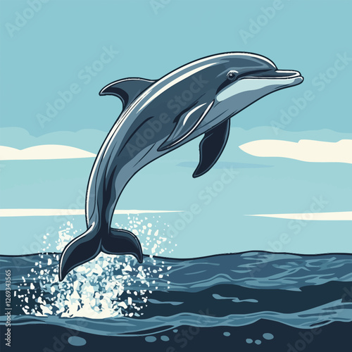 A lively 2D vector of a dolphin leaping out of the ocean waves.