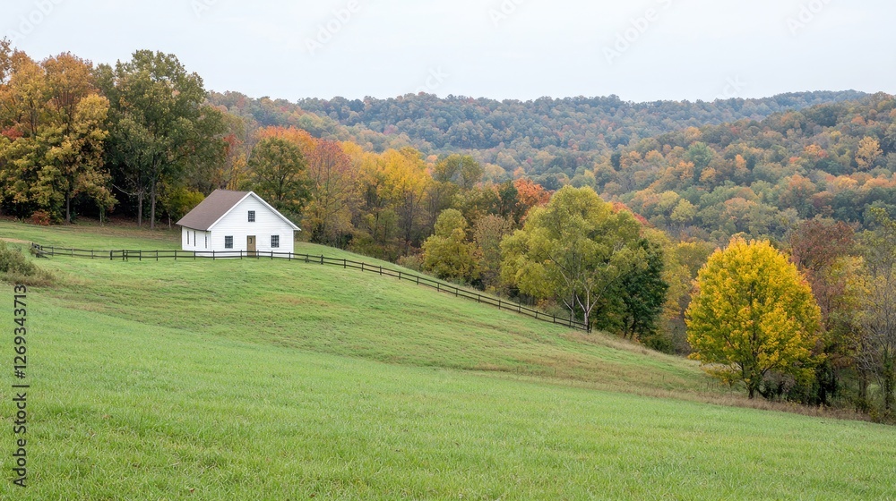 Autumnal Countryside Home, Rolling Hills, Fall Foliage, Tranquil Setting, Suitable for Travel, Nature Background Autumnal Countryside Home, Rolling Hills, Fall Foliage, Tranquil Setting, Suitable for Travel, Nature Background